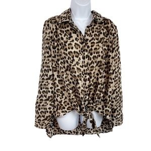 ODDI Leopard Print High-Low Tie Front Top Blouse M Tan Brown Roll Tab Sleeve